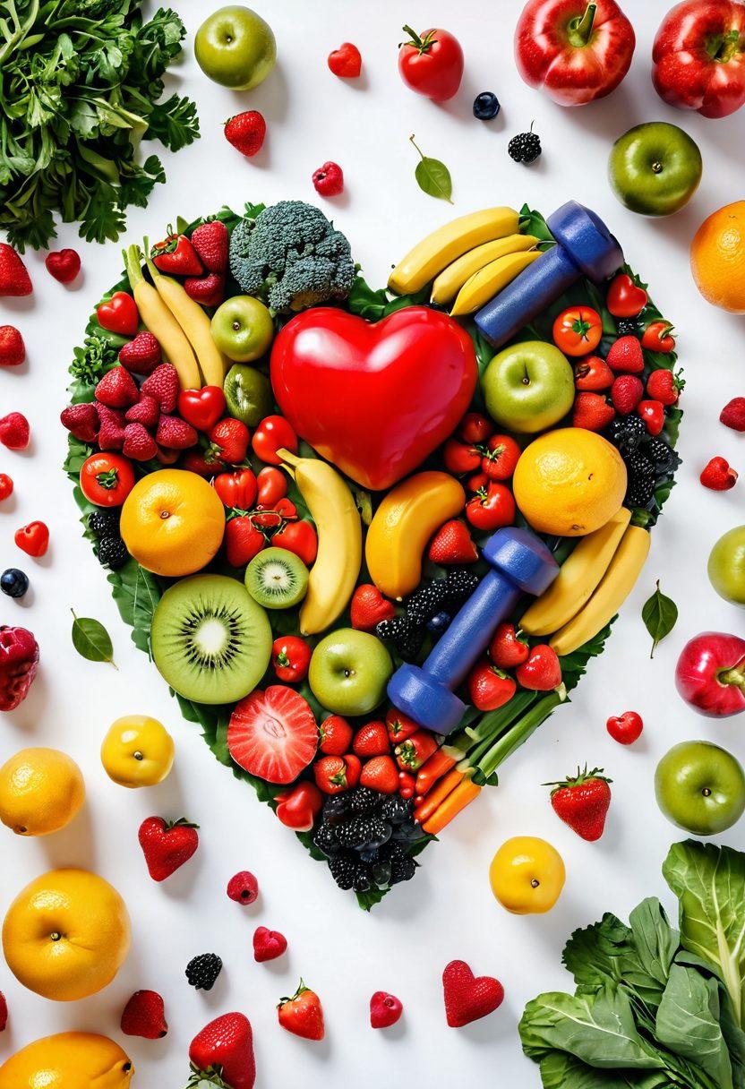 A vibrant composition featuring a heart made of fresh fruits and vegetables, surrounded by fitness equipment like dumbbells and yoga mats, symbolizing the fusion of nutrition and fitness for well-being. Bright, refreshing colors evoke a sense of vitality and health, with a serene background of nature. super-realistic. vibrant colors. white background.