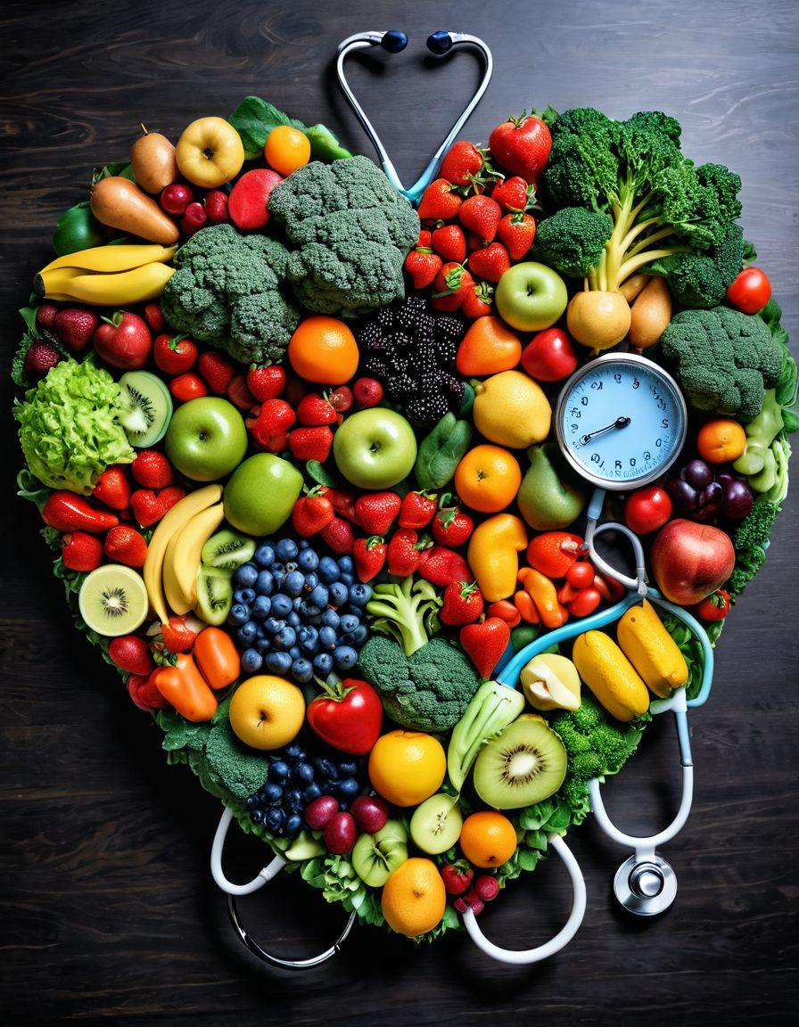 A vibrant heart composed of healthy foods like fruits and veggies, surrounded by a stethoscope and fitness gear, depicting a lifestyle transformation theme. Background featuring calming nature elements like trees and a flowing river to signify health and wellness. Bright and cheerful colors to inspire a positive outlook on heart health. super-realistic. vibrant colors.