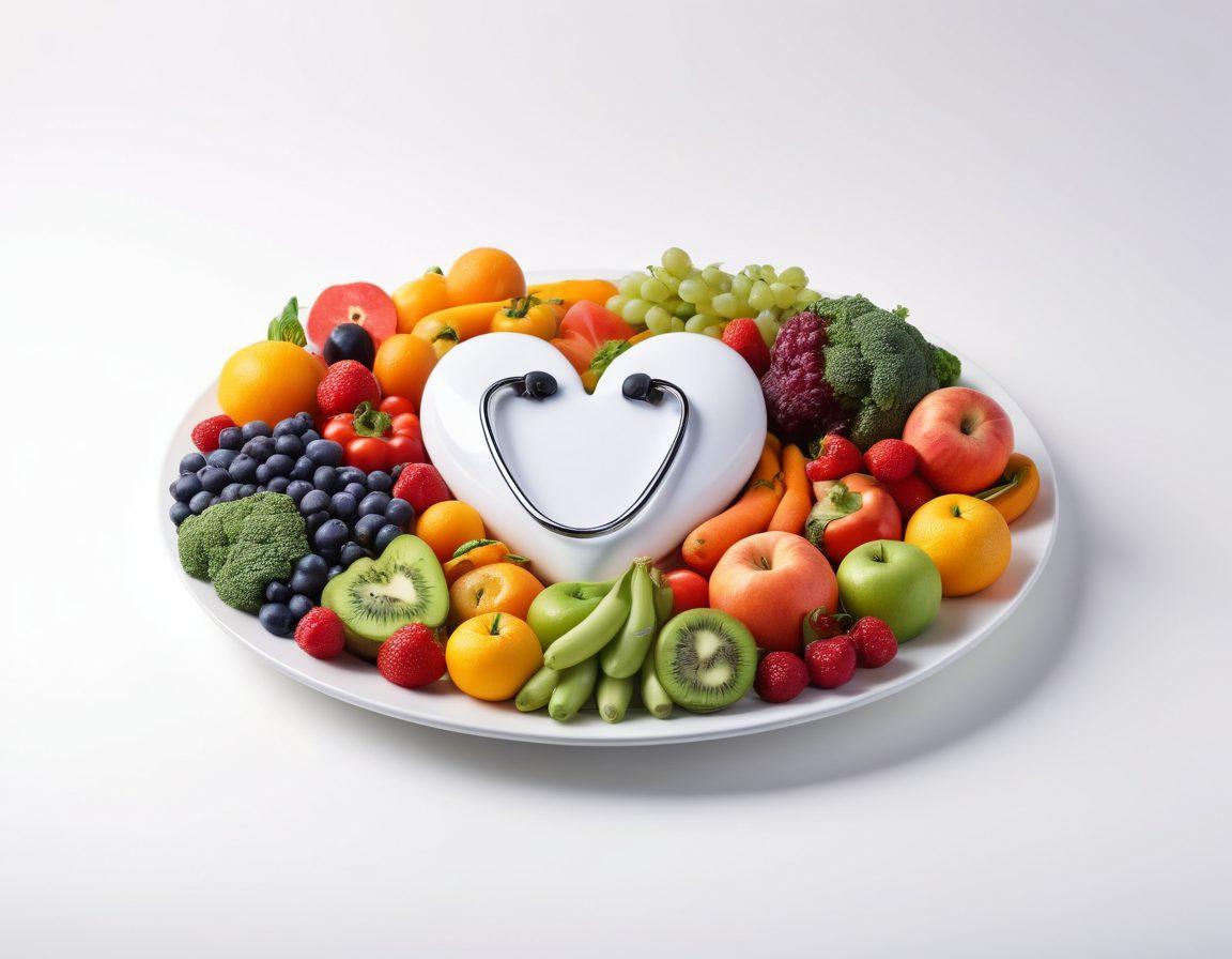 A vibrant heart symbol surrounded by fresh fruits and vegetables, with a stethoscope elegantly draped over a colorful plate of healthy foods. In the background, diverse people engaging in various activities like jogging, cycling, and practicing yoga, all illustrating a healthy lifestyle. The bright sunlight illuminating the scene to convey positivity and vitality, with a gentle gradient sky. super-realistic. vibrant colors. white background.